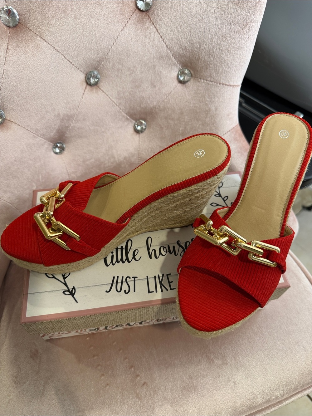 Red Wedge Slide Sandals with Gold Chain Accent